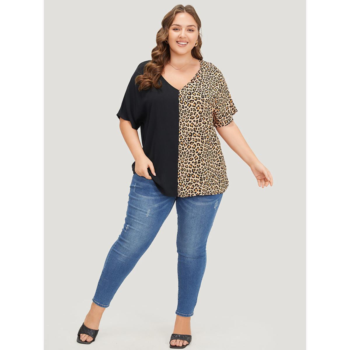 Plus Size Black Leopard Patchwork Dolman Sleeve Blouse Women Elegant Short sleeve V-neck Dailywear Blouses BloomChic 10/M Product Image