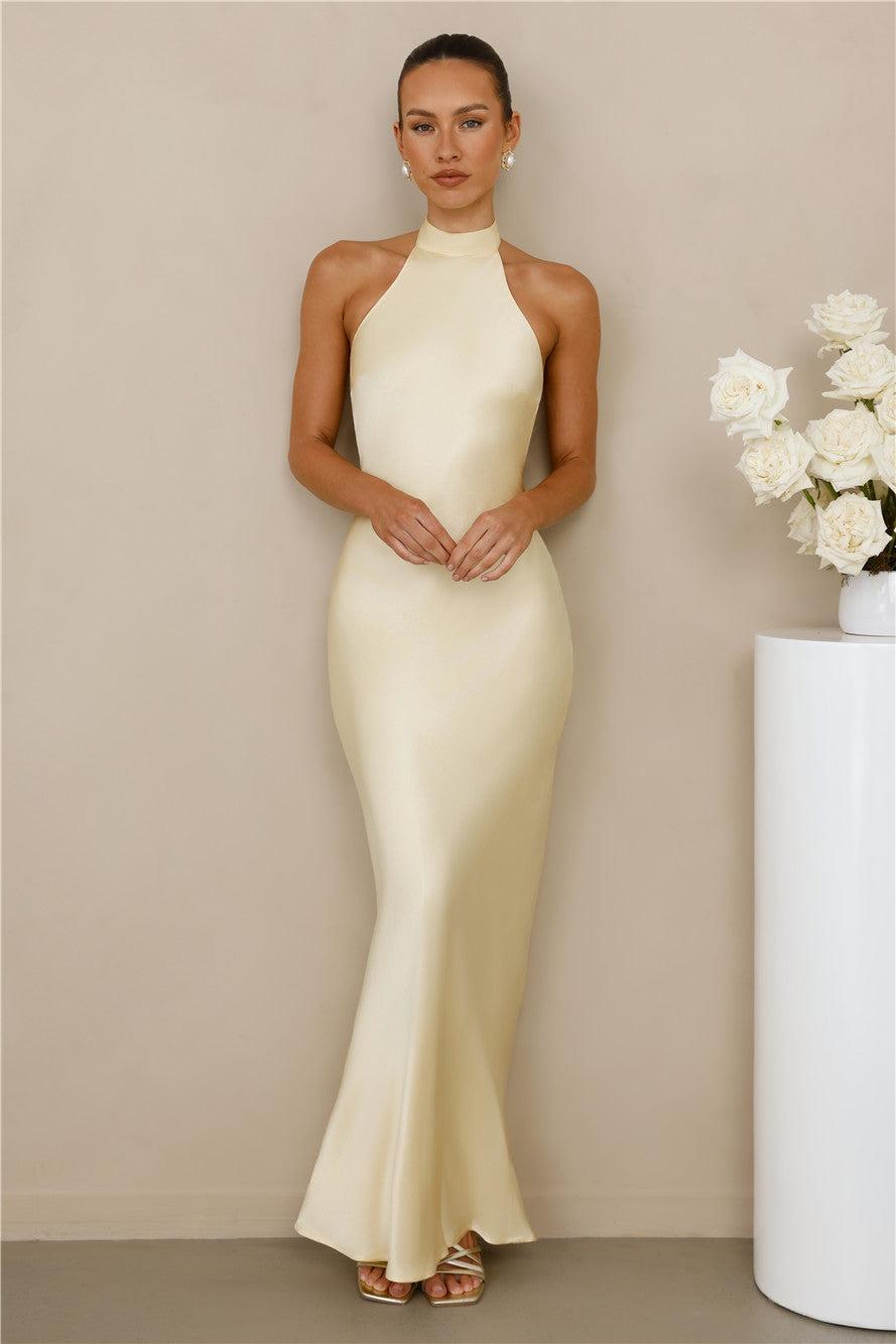 The Cleo Halter Satin Maxi Dress Yellow Product Image