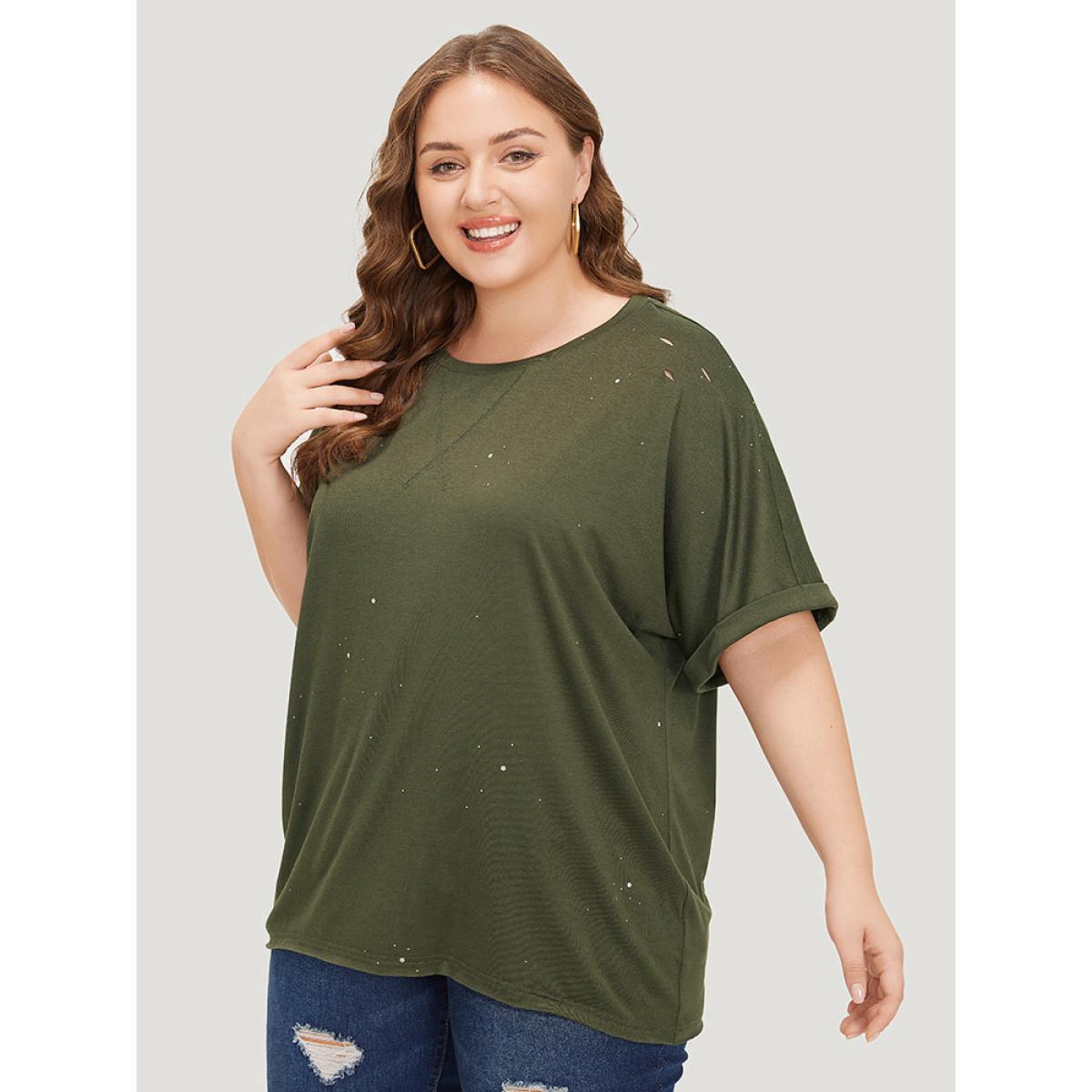 Plus Size Plain Ripped Detail Crew Neck T-shirt Sage Women Casual Distressed Plain Round Neck Dailywear T-shirts BloomChic 28/5X Product Image