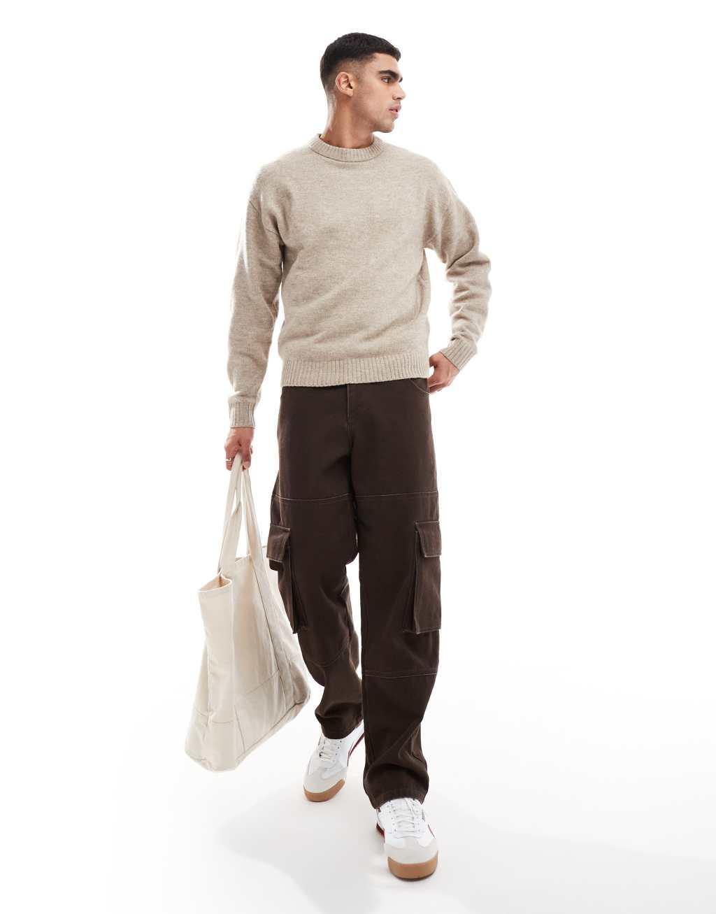 Jack & Jones oversized fluffy crew neck sweater in beige  Product Image