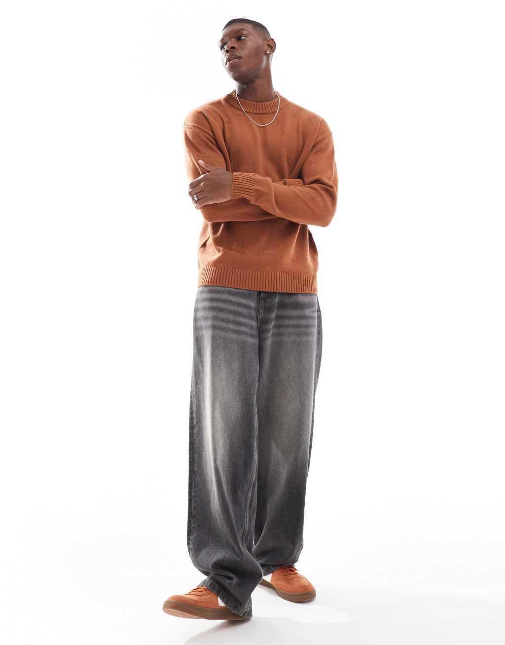 Jack & Jones oversized chunky ribbed crew neck sweater in burnt orange Product Image