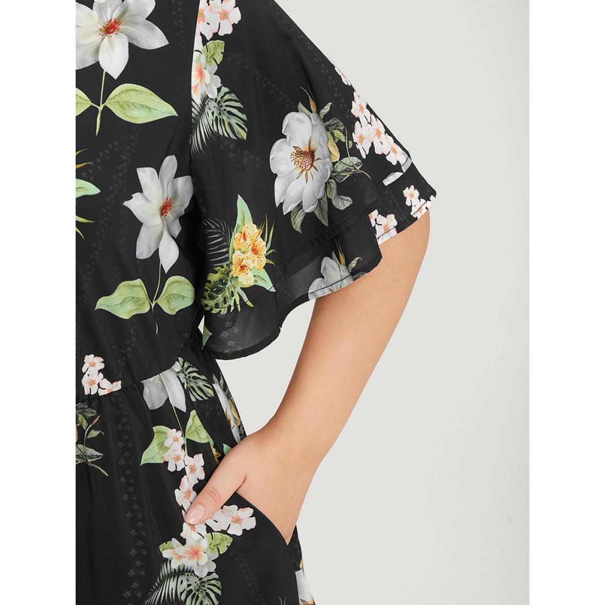 Plus Size Floral Print Ruffle Pocket Keyhole Round Neck Dress BlackFlower Women Elegant Keyhole V-neck Short sleeve Curvy Midi Dress BloomChic 10/M Product Image