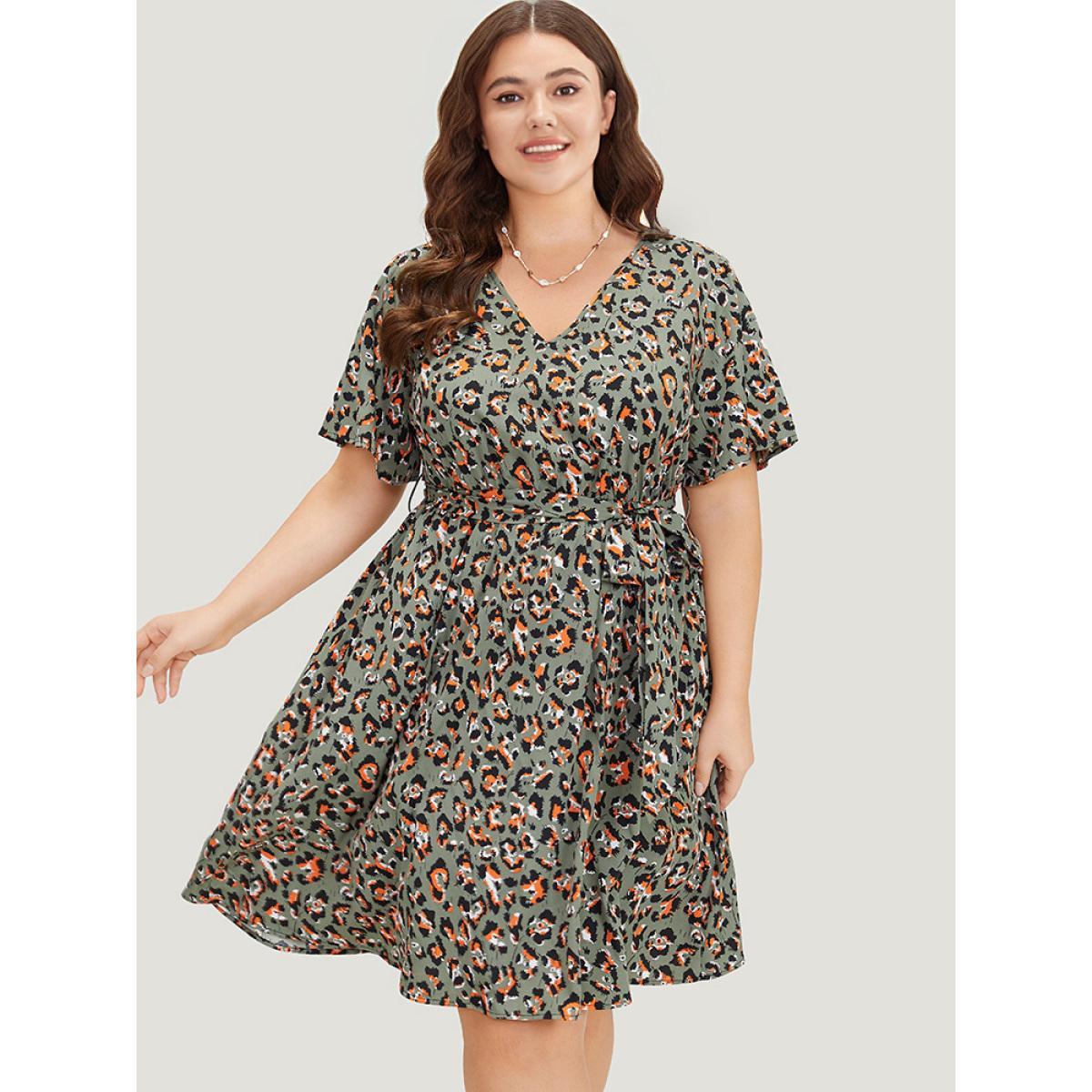 Plus Size Colour Leopard Print Belted Ruffle Hem Pocket Dress ArmyGreen Women Elegant Gathered V-neck Short sleeve Curvy Knee Dress BloomChic 14-16/1X Product Image