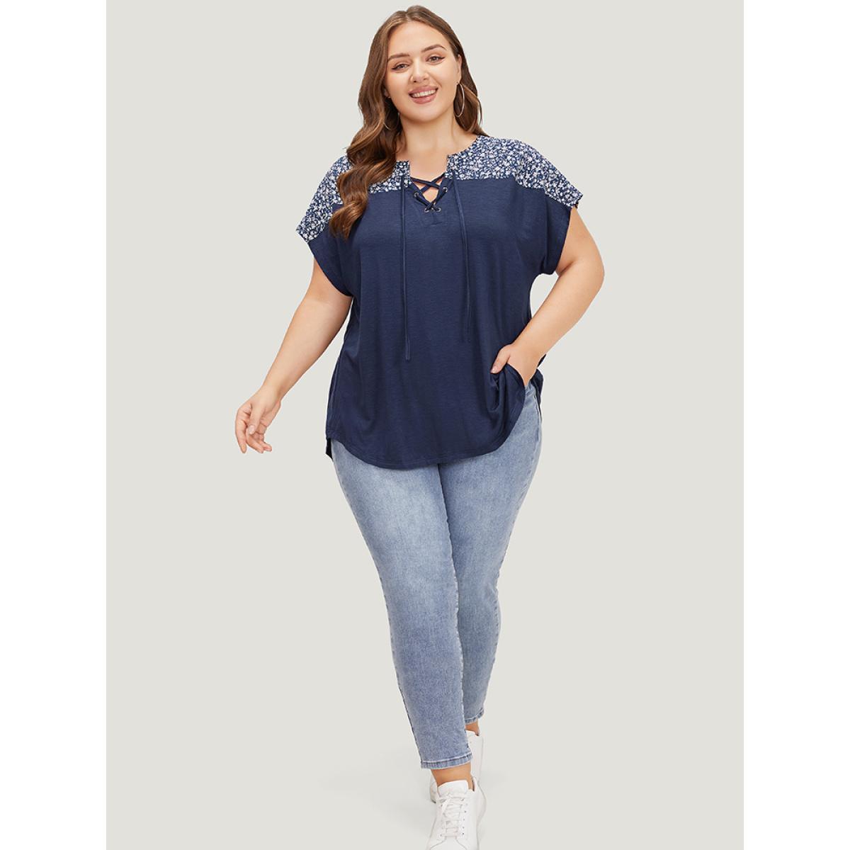 Plus Size Ditsy Floral Patchwork Lace Up Notched T-shirt Indigo Women Elegant Cross straps Ditsy Floral Notched collar Dailywear T-shirts BloomChic 10/M Product Image