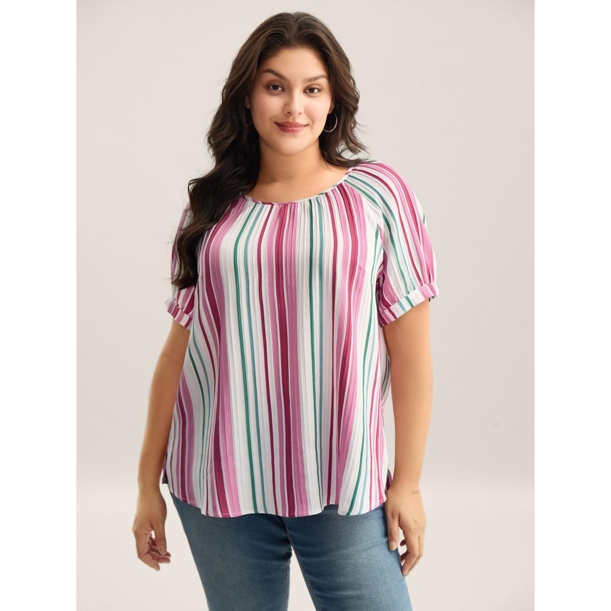 Plus Size Multicolor Stripe Print Round Neck Blouse Women Short sleeve Round Neck Everyday-Casual Blouses BloomChic 14-16/1X Product Image