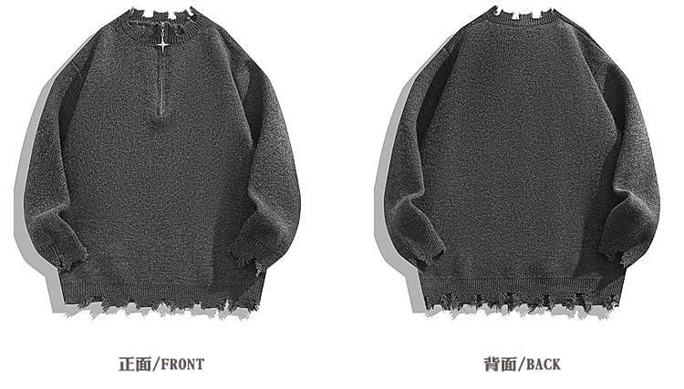 Mock Neck Half Zip Distressed Plain Sweater Product Image