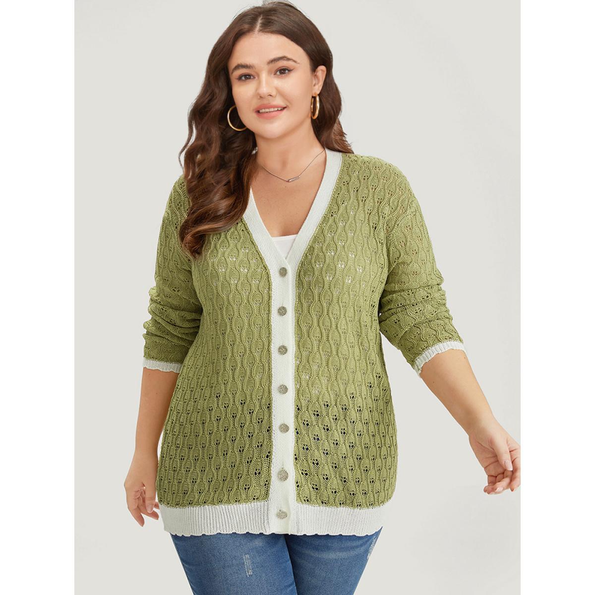 Plus Size Two Tone Patchwork Cut Out Button Down Cardigan Olive Women Casual Loose Long Sleeve Work Cardigans BloomChic 22-24/3X Product Image