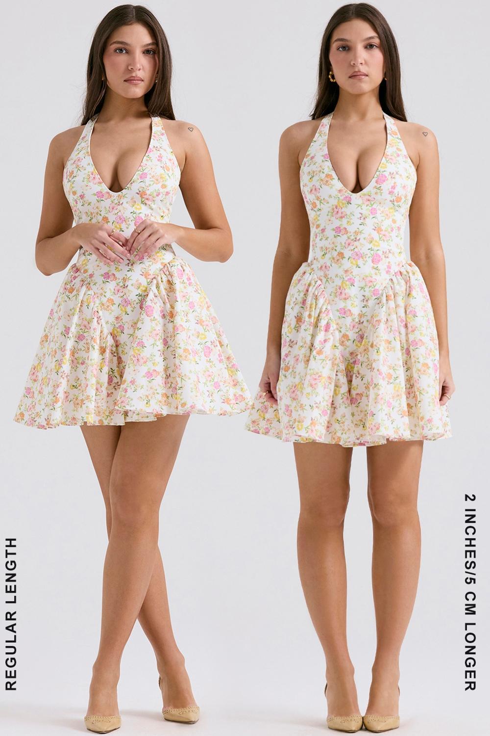Valentia Ivory Meadow Print Cotton Halter Mini Dress Product Image