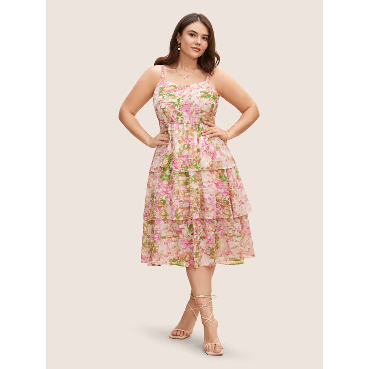 Plus Size Chiffon Floral Shirred Ruffle Layered Hem Dress Multicolor Women Elegant Shirred Non Sleeveless Curvy BloomChic 14-16/1X Product Image