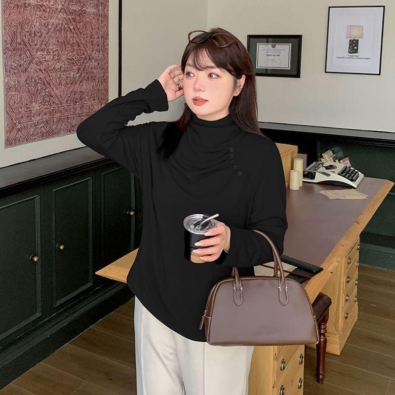 Plus Size Long-Sleeve Mock Neck Plain Top Product Image