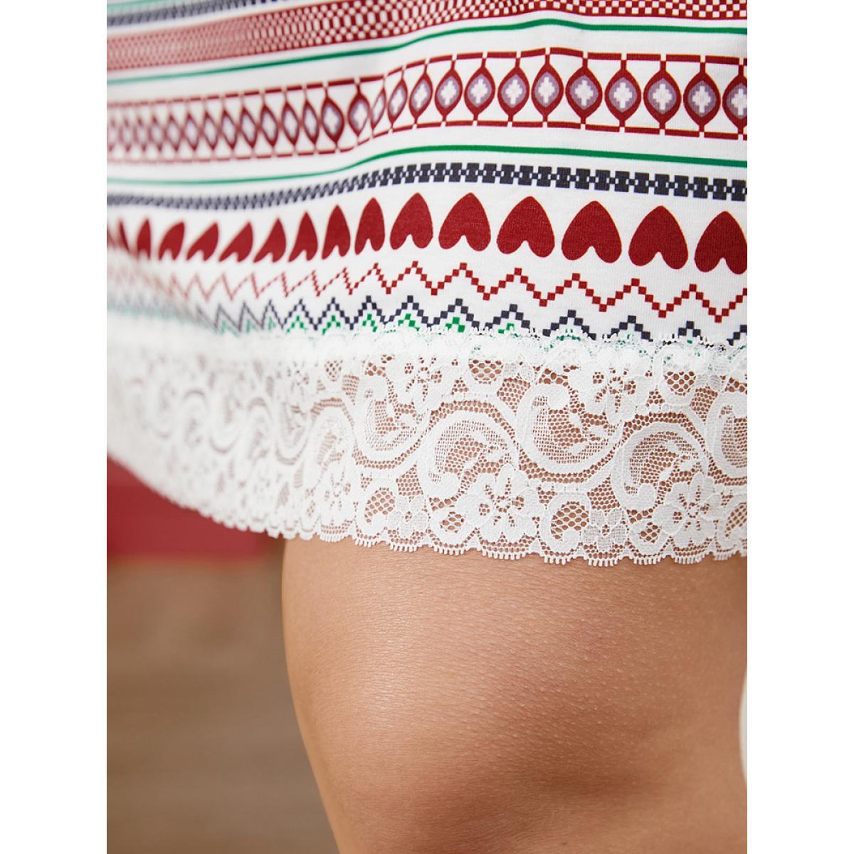 Plus Size Snowflake Print Contrast Lace Backless Short Dress Women Multicolor Elegant Graphic-Christmas Patchwork V-neck Loungewear BloomChic 10/M Product Image