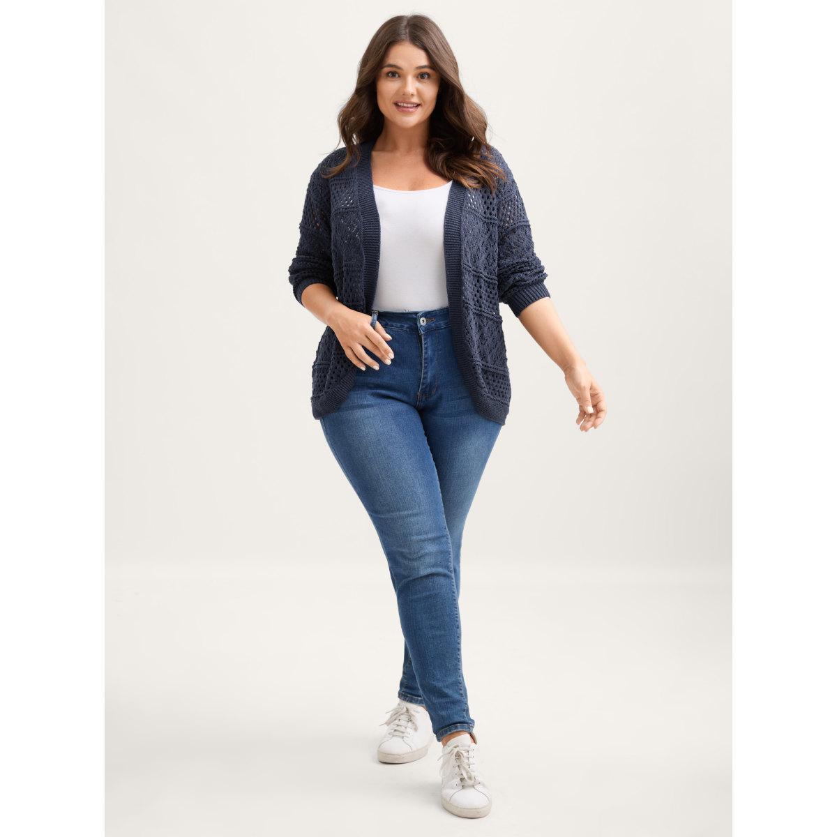 Plus Size Textured Cut-Out Arc Hem Lightweight Cardigan Indigo Women Loose Long Sleeve Everyday-Casual Cardigans BloomChic 30/6X Product Image