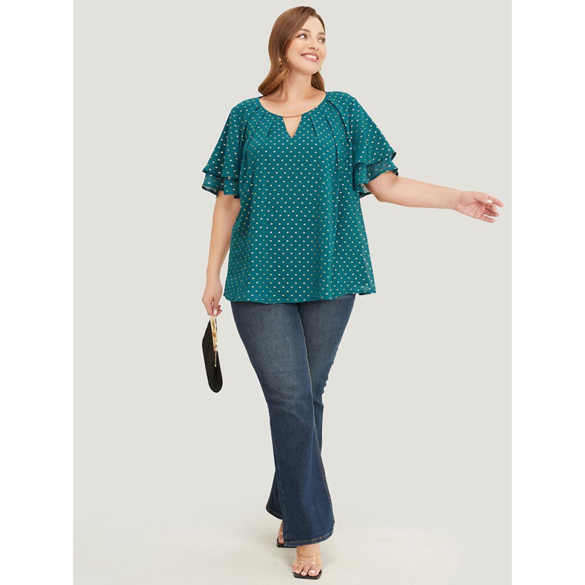 Plus Size DarkGreen Polka Dot Glitter Tiered Sleeve Pleated Keyhole Chain Neck Blouse Women Party Short sleeve Round Neck Going out Blouses BloomChic 14-16/1X Product Image