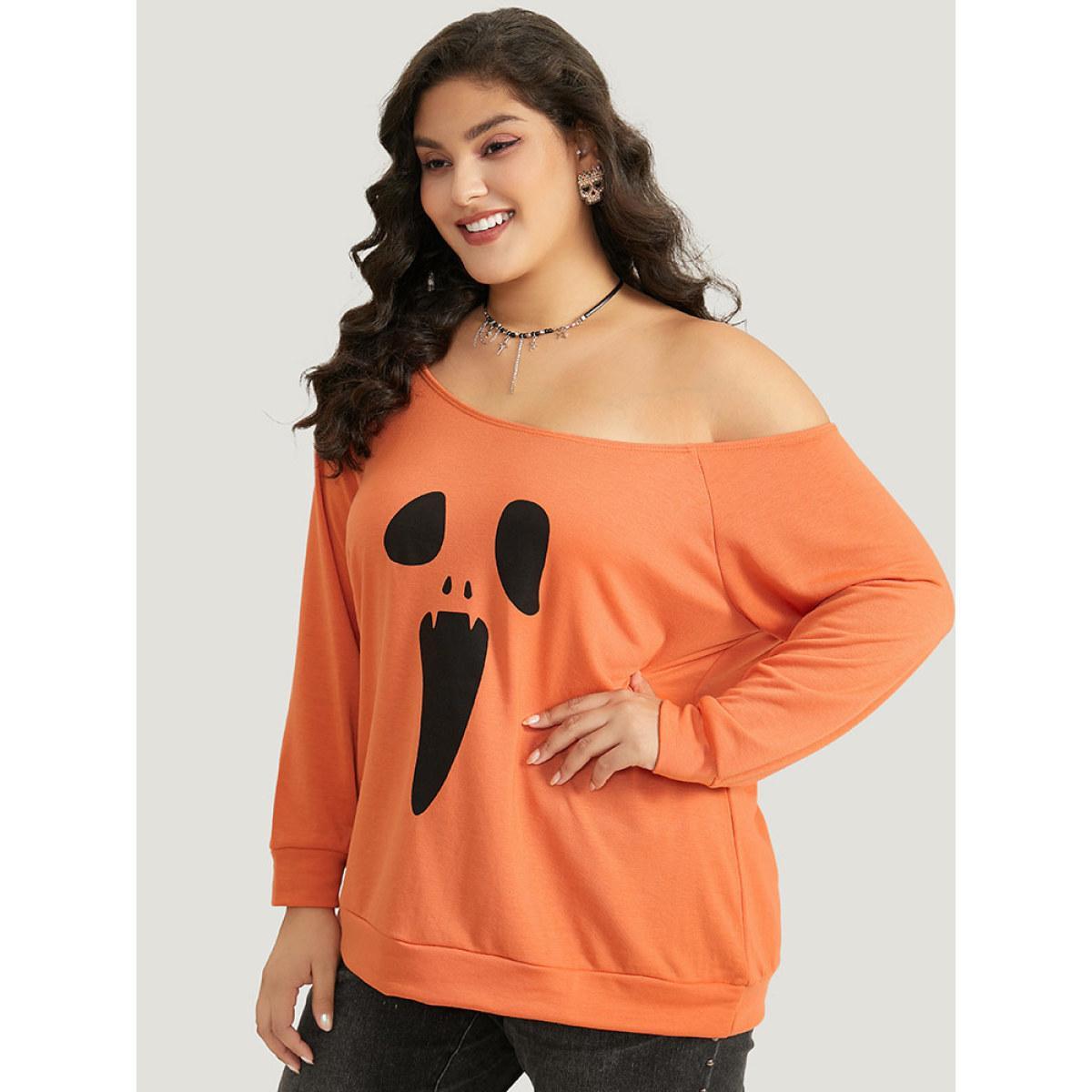 Plus Size Halloween Print One Shoulder Raglan Sleeve Sweatshirt Women OrangeRed Casual Printed Festival-Halloween Sweatshirts BloomChic 26/4X Product Image