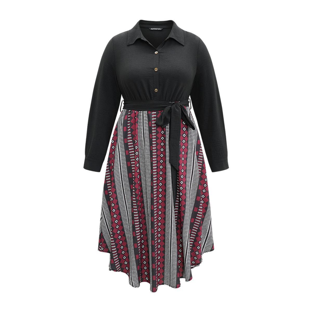 Plus Size Geometric Belted Button Up Curved Hem Dress Black Women Office Belted Shirt collar Long Sleeve Curvy Midi Dress BloomChic 14-16/1X Product Image