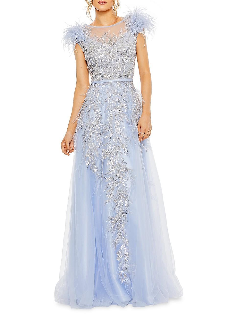 Mac Duggal Beaded Illusion Crew Neck Feather Cap Sleeve A Product Image
