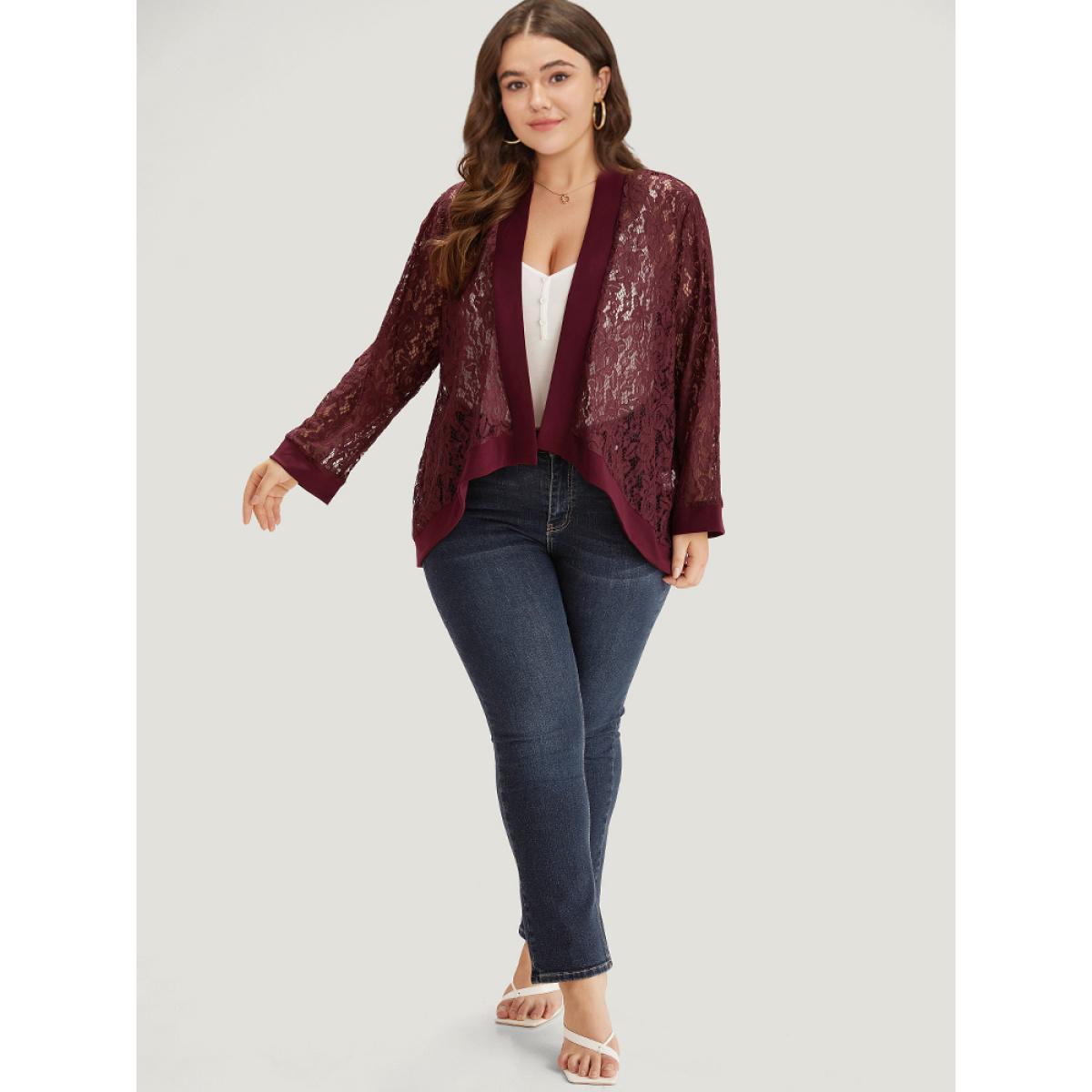 Plus Size Supersoft Essentials Crochet Lace Mesh Open Front Asymmetrical Hem Kimono Women Scarlet Casual Patchwork Loose Dailywear Kimonos BloomChic 12/L Product Image