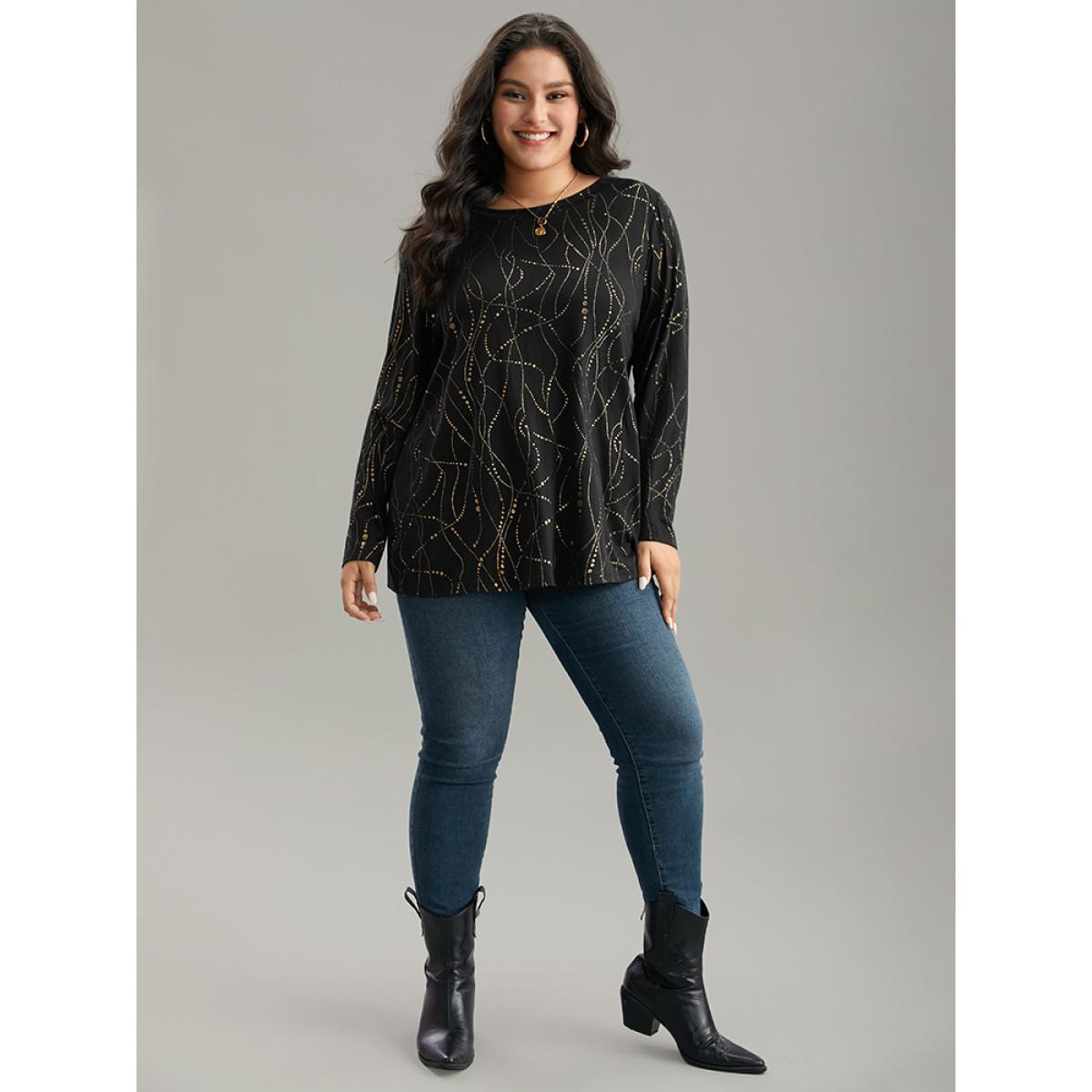 Plus Size Polka Dot Contrast Round Neck T-shirt Black Women Casual Contrast Polka Dot Round Neck Dailywear T-shirts BloomChic 28/5X Product Image