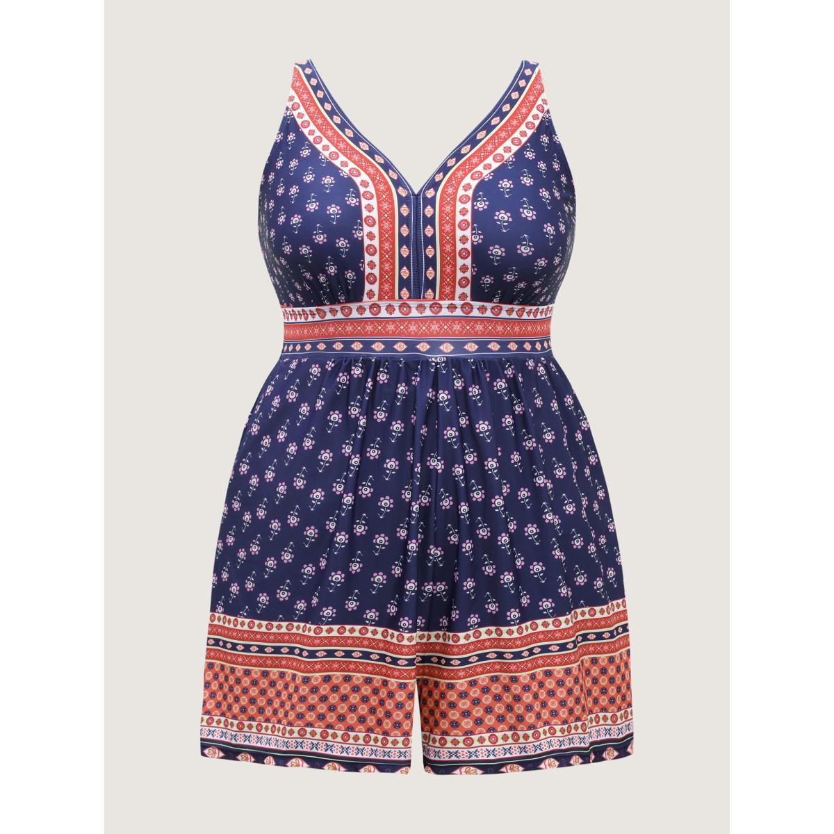 Plus Size Floral Print Contrast Swim Romper Women's Swimwear Midnight Curve Bathing Suits One Pieces BloomChic 14-16/1X Product Image