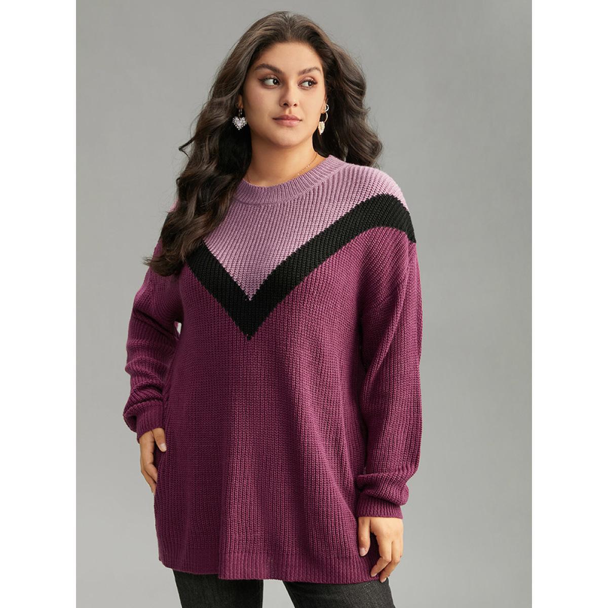 Plus Size Colorblock Contrast Drop Shoulder Loose Pullover Multicolor Women Casual Loose Long Sleeve Round Neck Dailywear Pullovers BloomChic 26/4X Product Image