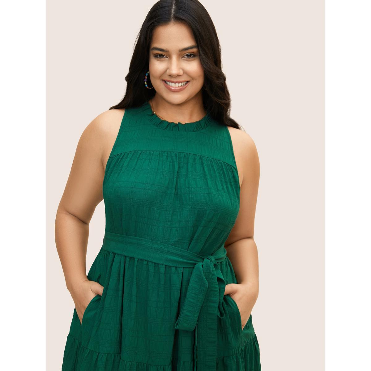 Plus Size Plain Textured A-line Frill Trim Dress Emerald Women Resort Texture Mock Neck Sleeveless Curvy BloomChic 30/6X Product Image