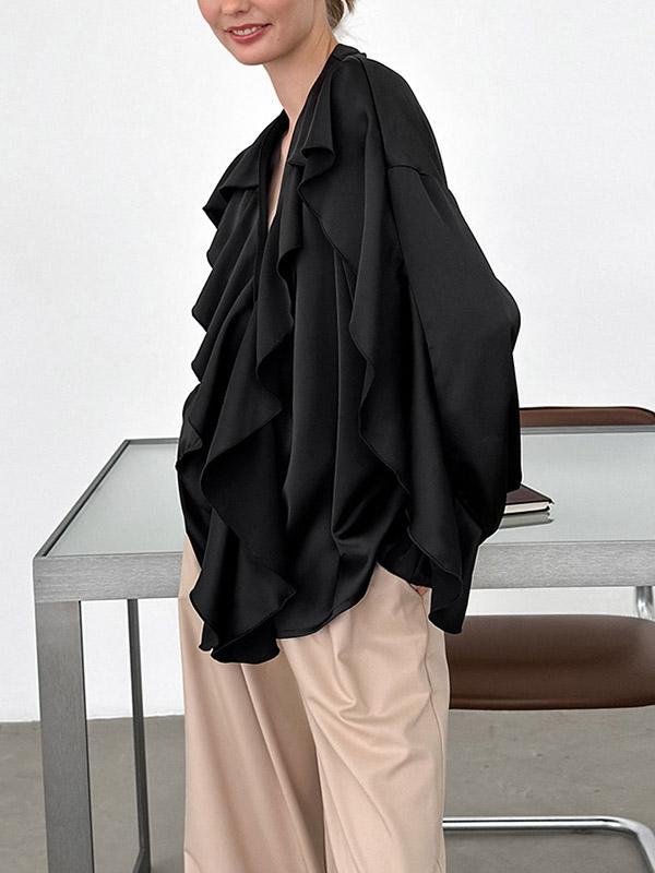 Loose Puff Sleeves Solid Color Split-Joint Tiered V-Neck Blouses&Shirts Tops Product Image