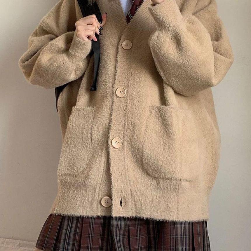 V-Neck Plain Button-Up Cardigan Product Image