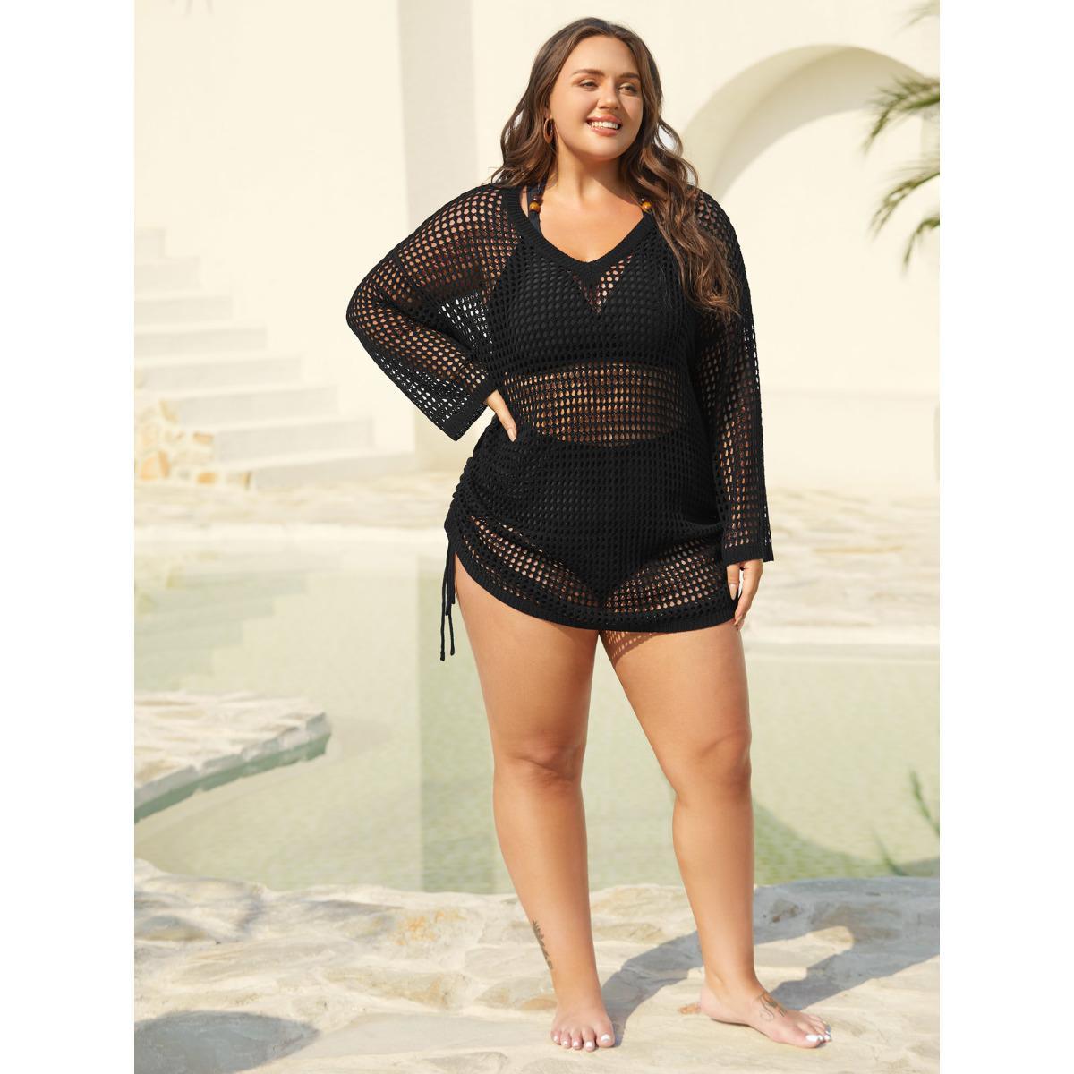 Plus Size Side Drawstring Cut-Out Swim Cover-Up Women's Swimwear Black Curve Swim Cover Ups BloomChic 18-20/2X Product Image