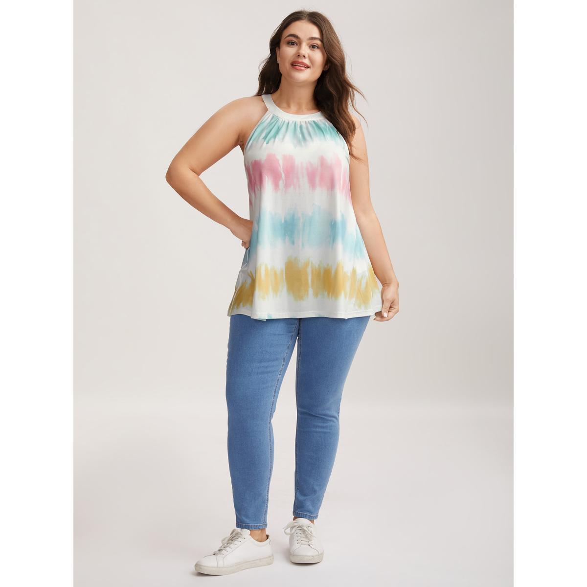 Plus Size Color Fusion Pleated Flowy Tank Top Women Multicolor Gathered Round Neck Everyday-Casual Tank Tops Camis BloomChic 12/L Product Image
