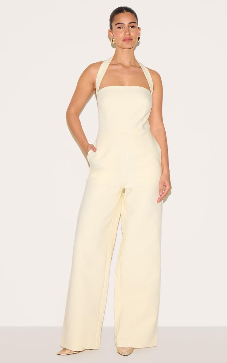 Butter Yellow Premium Woven Halterneck Straight Leg Jumpsuit Product Image