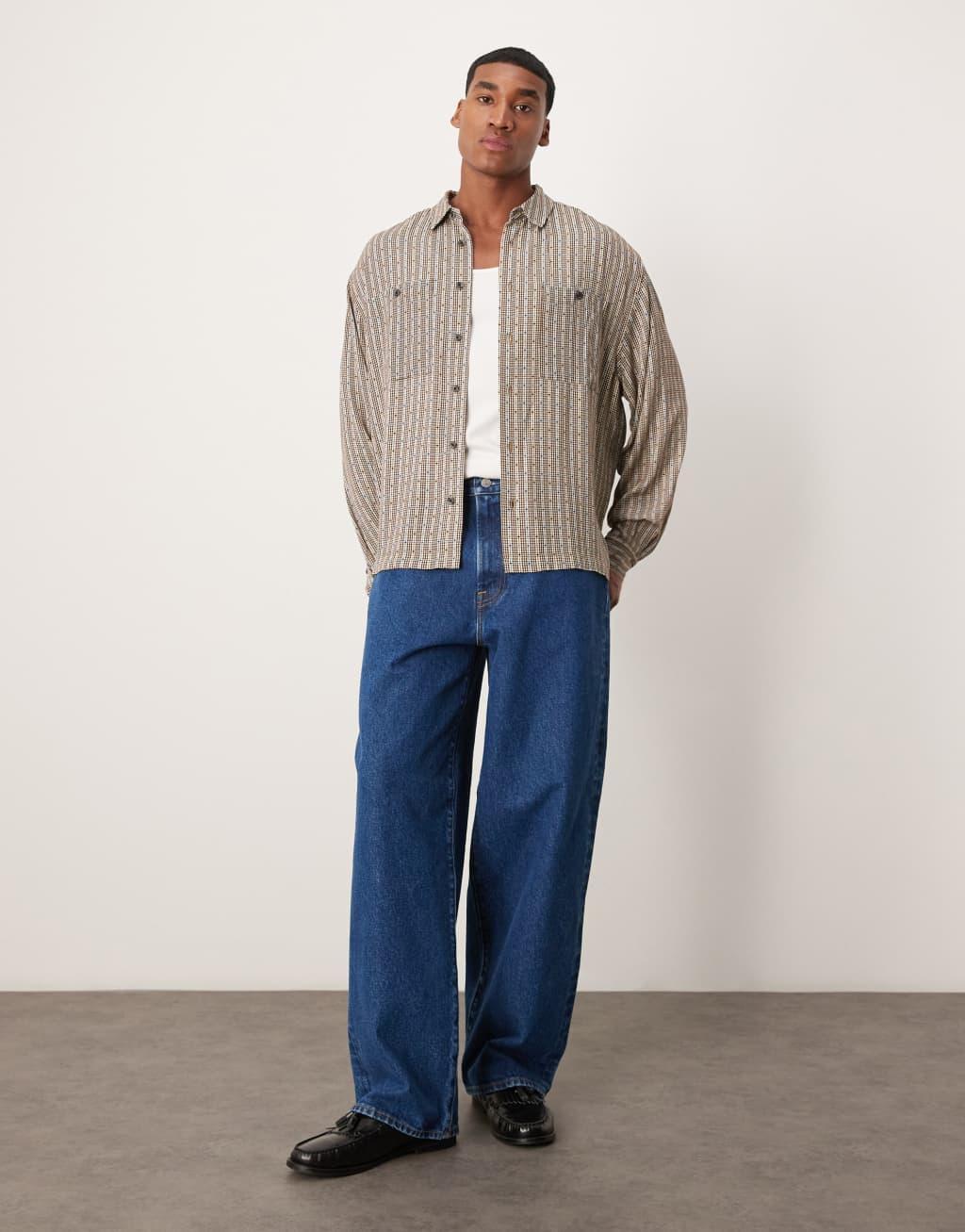 ASOS DESIGN oversized boxy shirt in neutral retro stripe Product Image