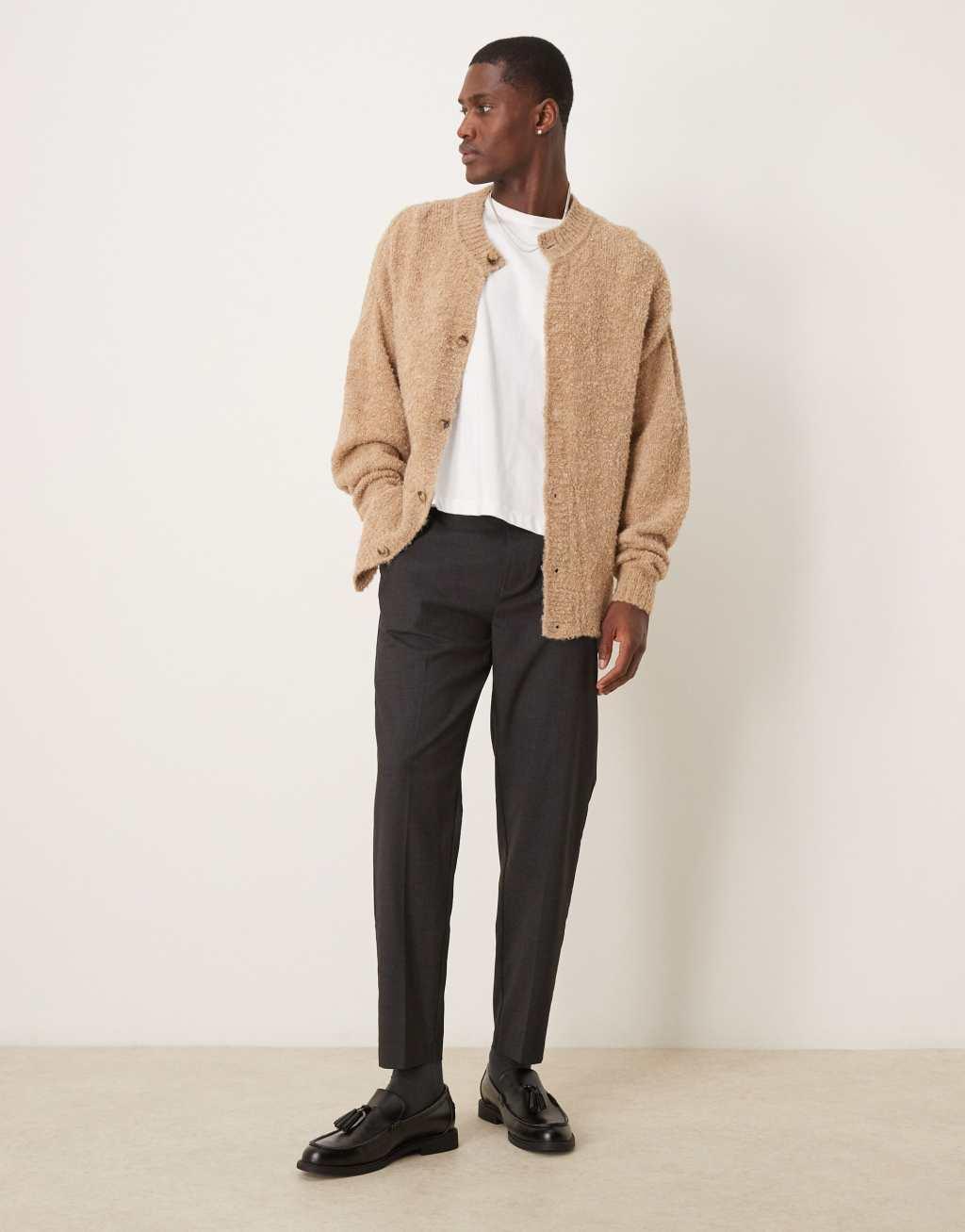 ASOS DESIGN relaxed boxy fit textured knit crew neck cardigan in beige Product Image