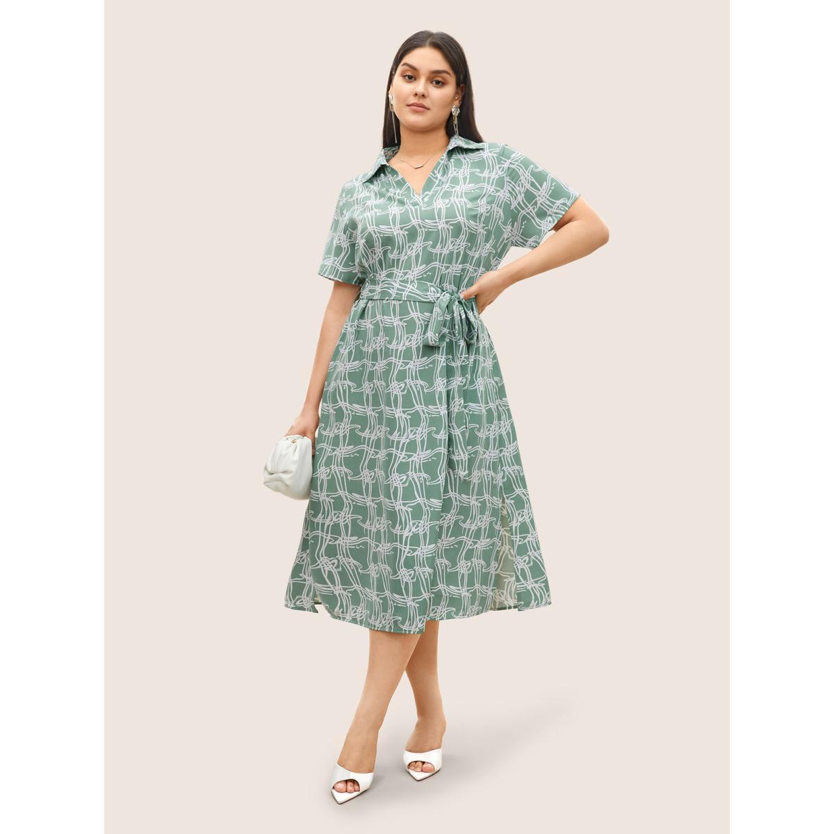 Plus Size Abstract Print Belted Polo Collar Dress Mint Women Work From Home Belted Polo Short sleeve Curvy Midi Dress BloomChic 28/5X Product Image