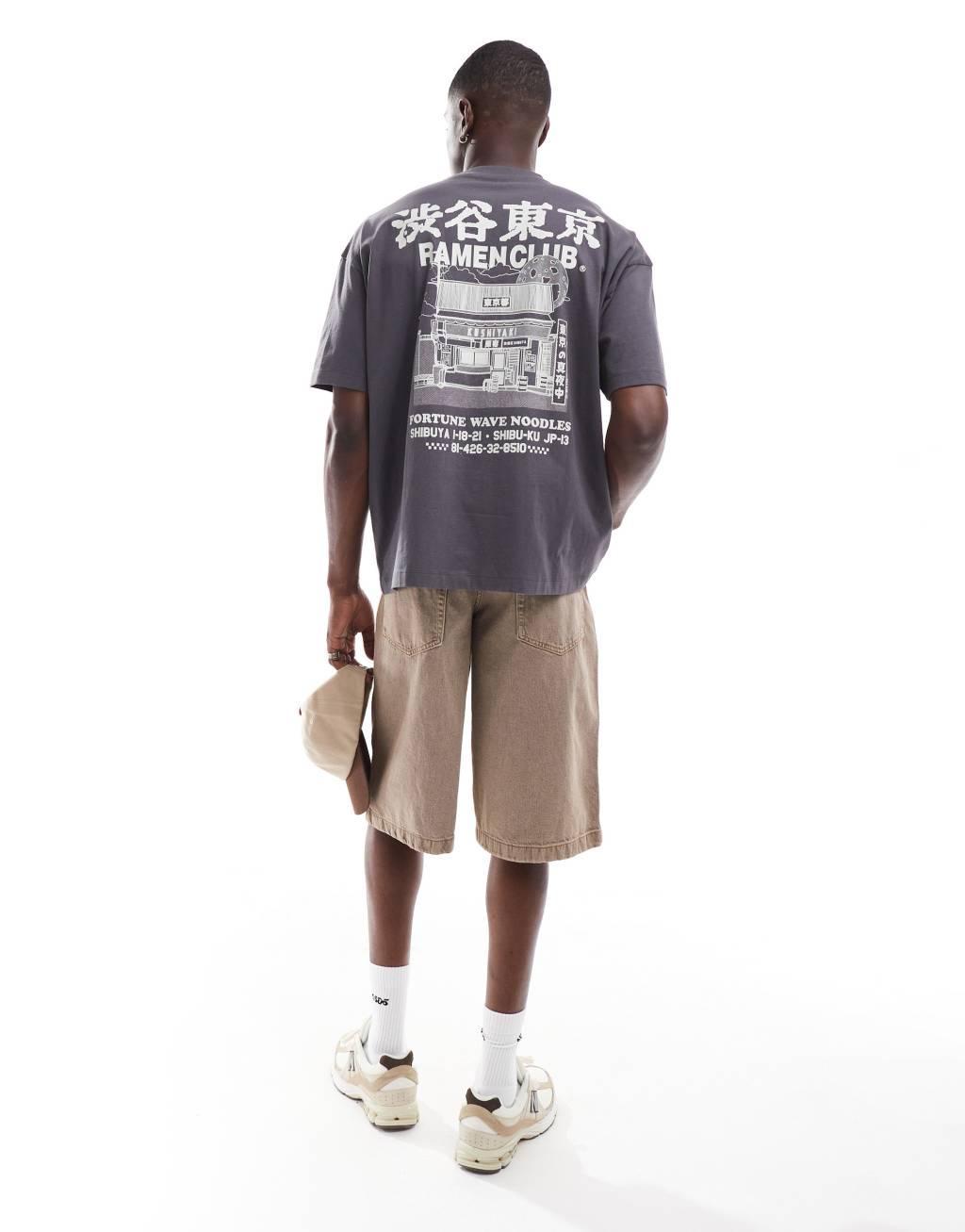 ASOS DESIGN oversized T-shirt with ramen club chest and back print in charcoal Product Image