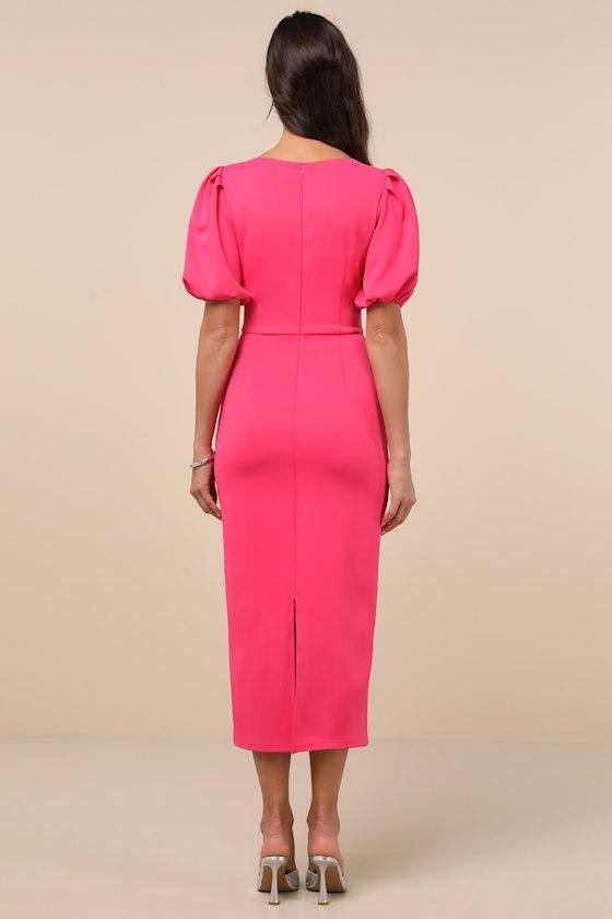 Simply Beloved Fuchsia Puff Sleeve Bodycon Midi Dress Product Image