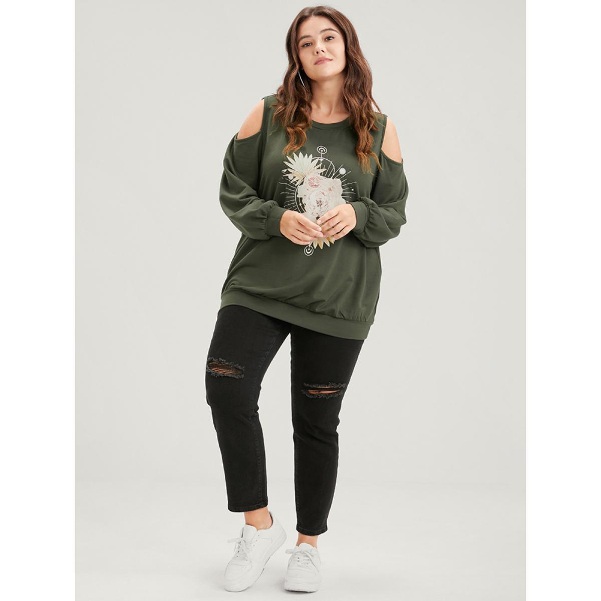 Plus Size Floral Print Cold Shoulder Sweatshirt Women ArmyGreen Elegant Printed Loose Round Neck Dailywear Sweatshirts BloomChic 10/M Product Image
