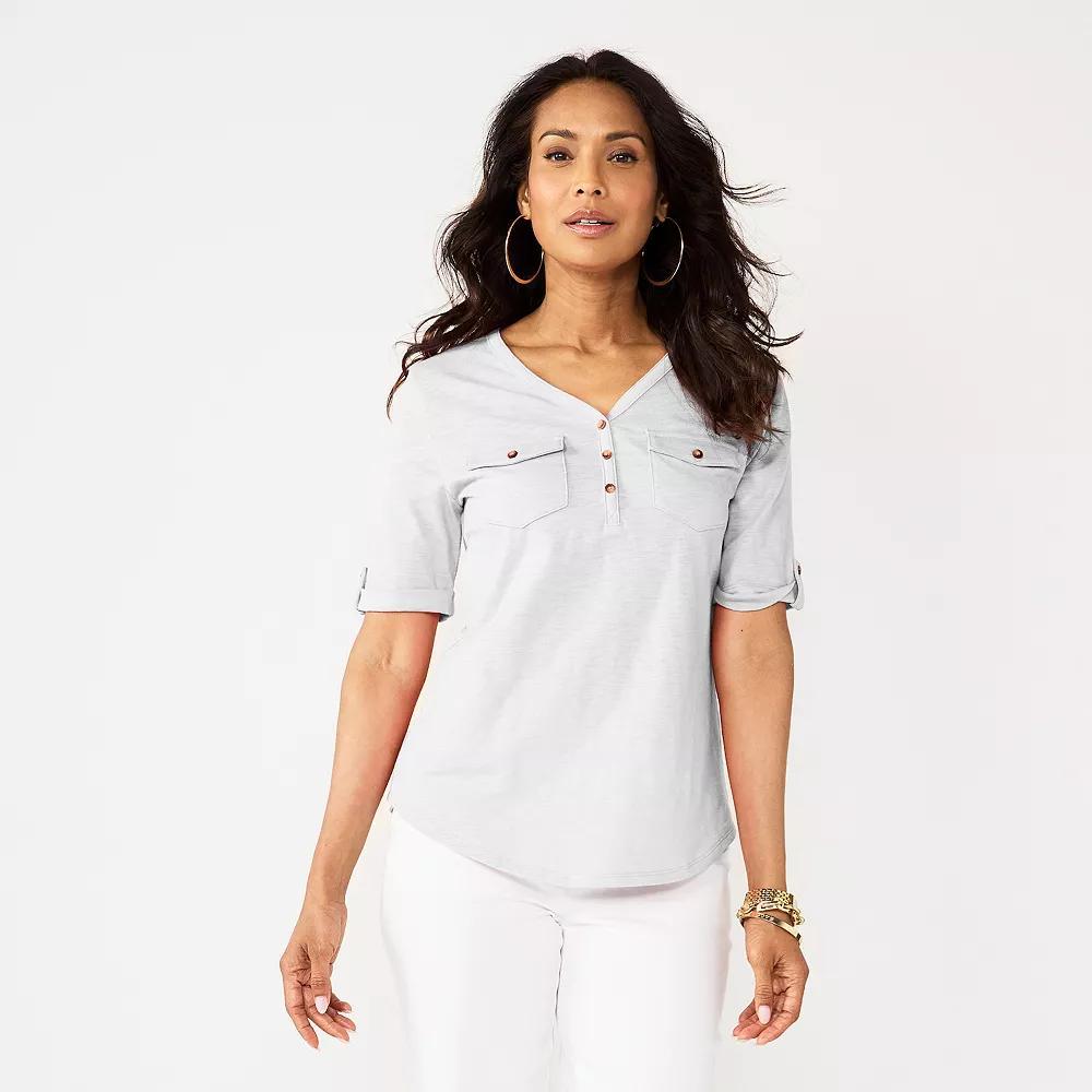 Petite Croft & Barrow® Elbow Sleeve Utility Henley Top, Women's, Size: XS Petite, White Product Image