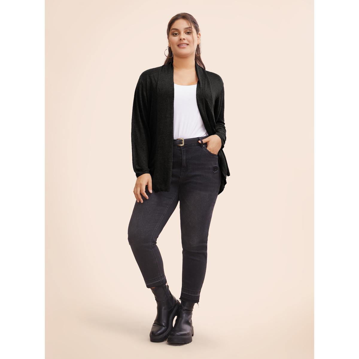 Plus Size Supersoft Essentials Plain Lapel Collar Drape Cardigan Black Women Casual Loose Long Sleeve Everyday Cardigans BloomChic 28/5X Product Image