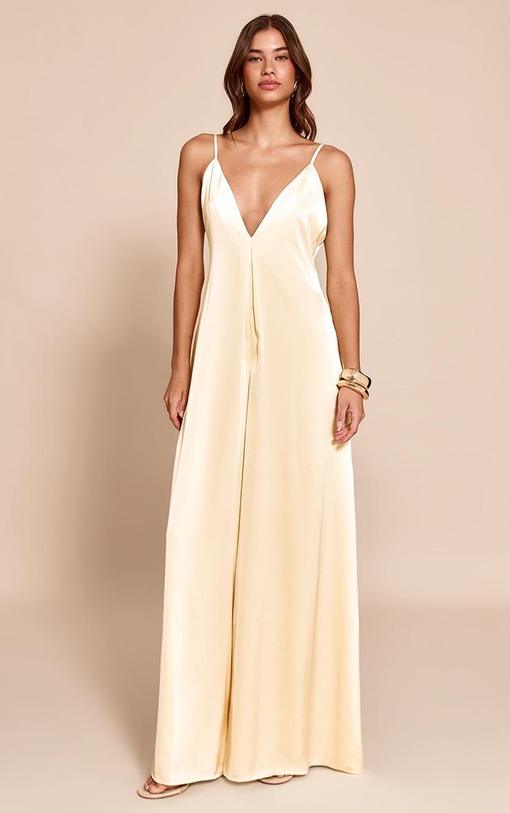 Butter Yellow Satin V Neck Wide Leg Jumpsuit Product Image