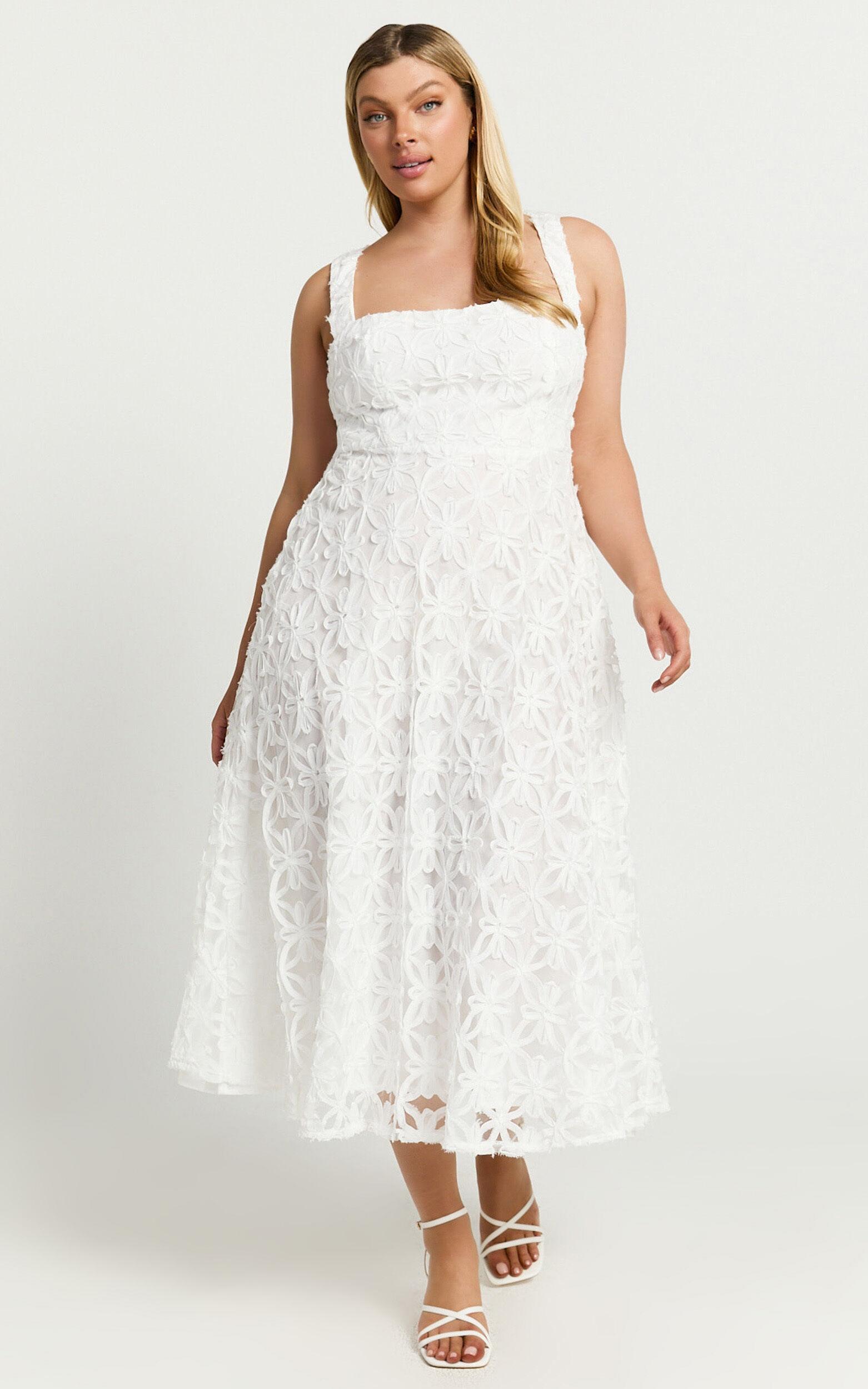 Clarissa Midi Dress - Square Neck Open Back A Line Dress in White Product Image