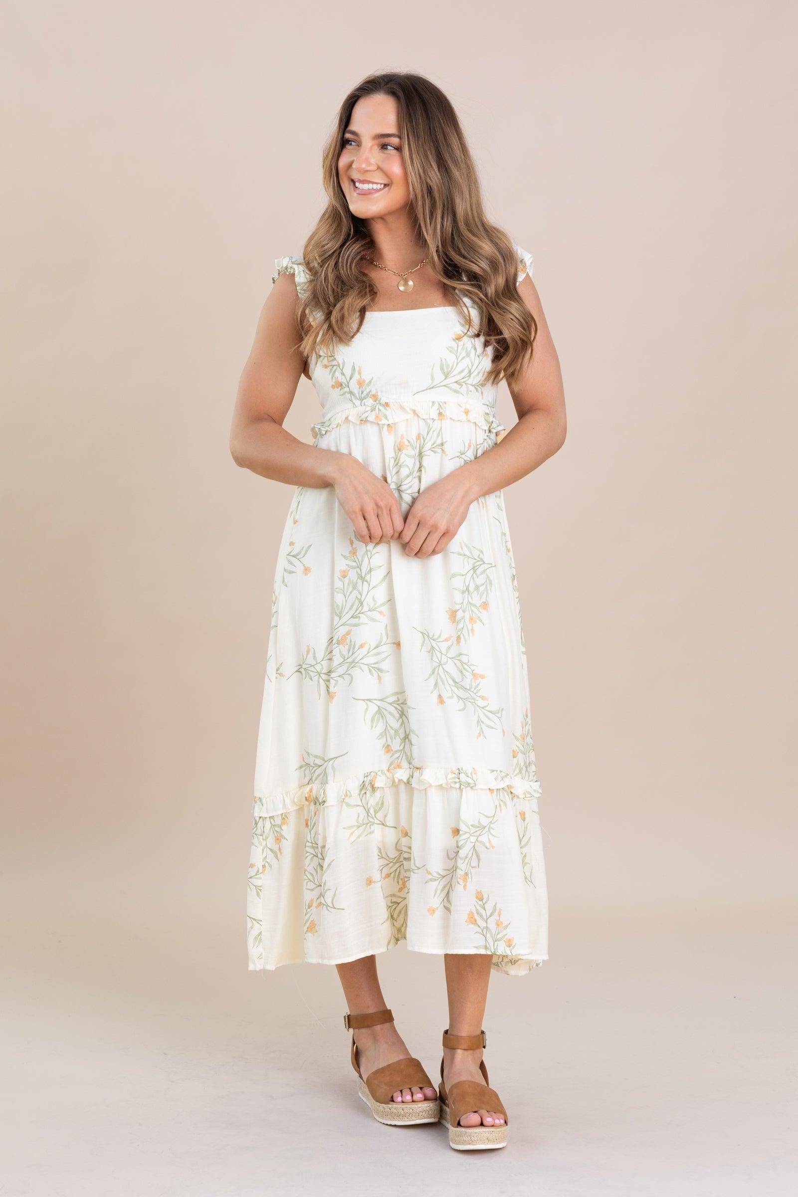 Ivory Floral Ruffle Detail Midi Dress Product Image