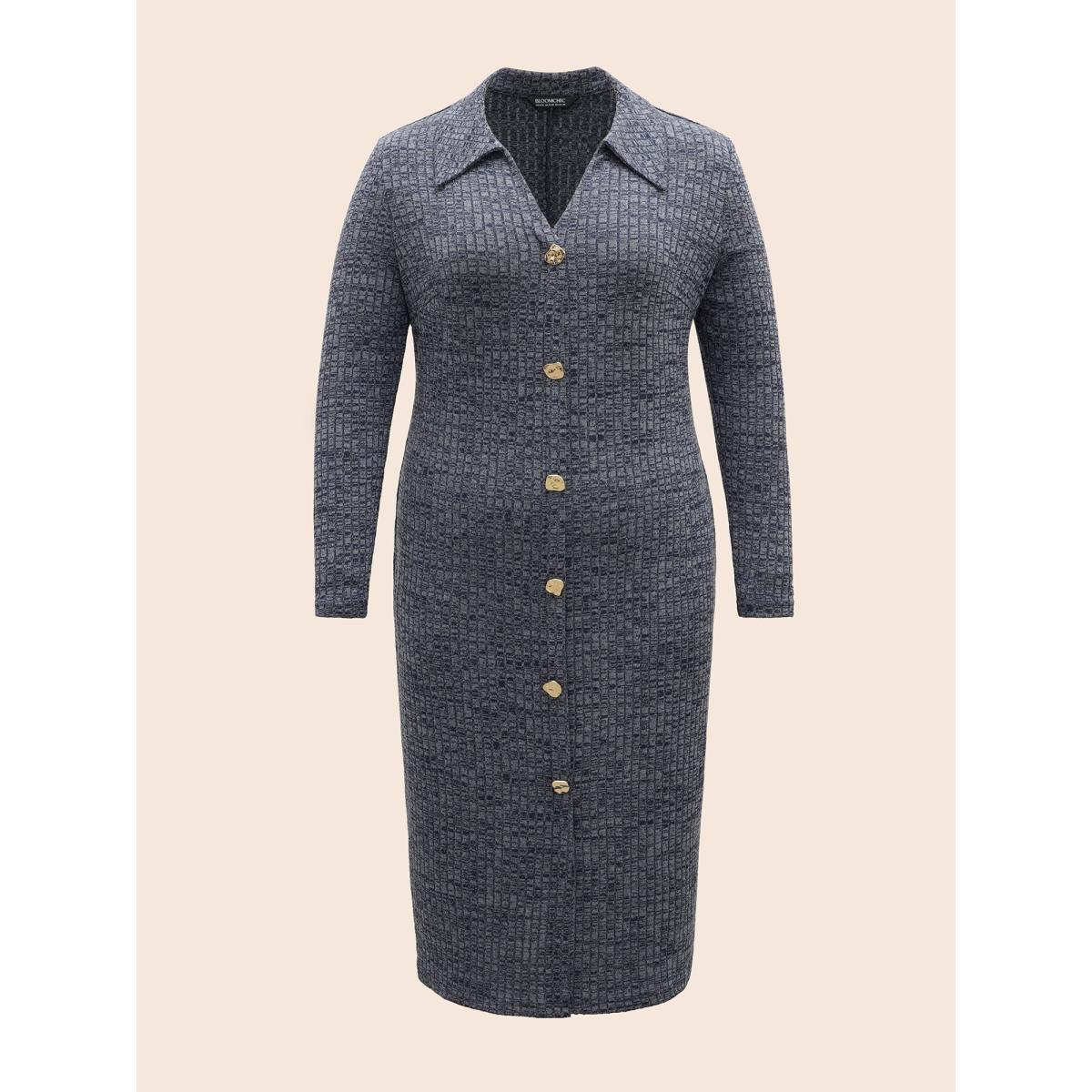 Plus Size Textured Buckle Detail Split Hem Dress Indigo Women At the Office Texture Shirt collar Long Sleeve Curvy BloomChic 22-24/3X Product Image