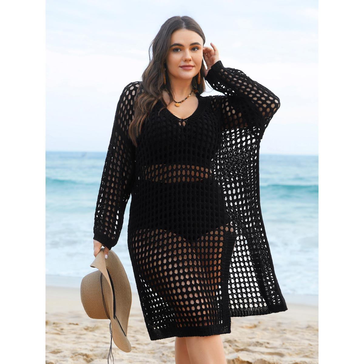 Plus Size Cut-Out Split Side Hem Swim Cover Up Women's Swimwear Black Beach Loose Cut-Out Curve Swim Cover Ups BloomChic 28/5X Product Image