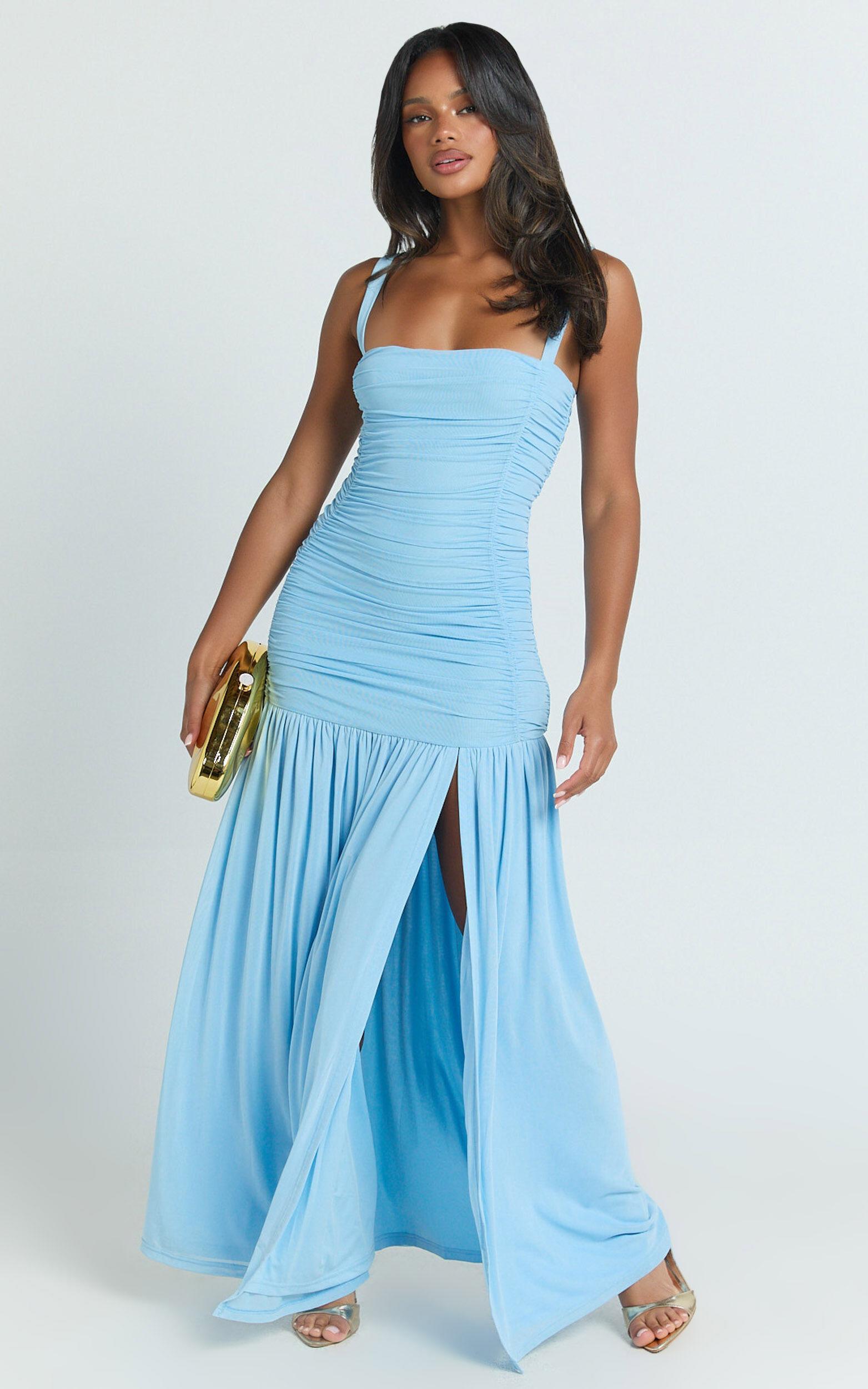 Zora Mini Dress - One Shoulder Ruched Bodycon Dress in Blue Product Image