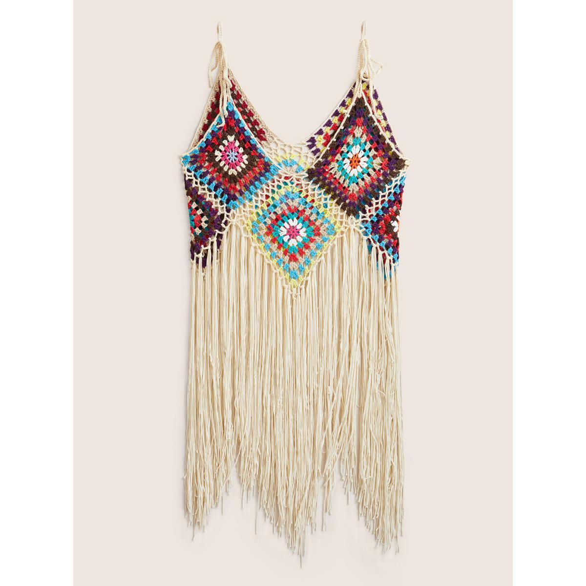 Plus Size Geometric Crochet Fringe Hem Swim Cover Up Women's Swimwear Apricot Beach Texture Curve Swim Cover Ups BloomChic 30/6X Product Image