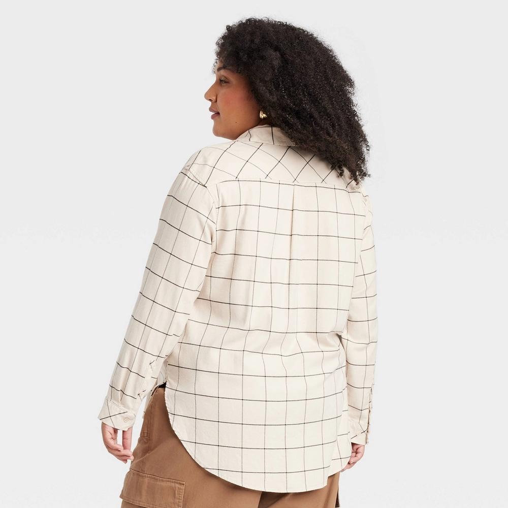 Womens Long Sleeve Flannel Button-Down Shirt - Ava & Viv Beige Plaid 1X Product Image