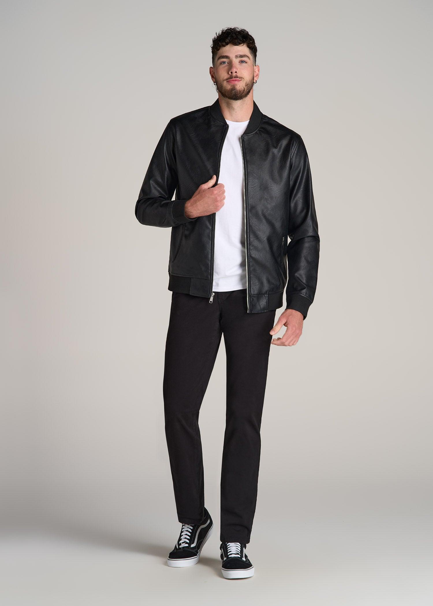 Faux Leather Bomber Jacket for Tall Men in Black Product Image