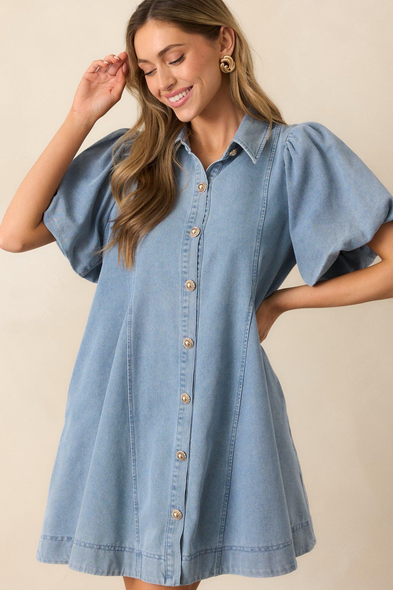 More Or Less Light Wash Cotton Denim Puff Sleeve Mini Dress Product Image