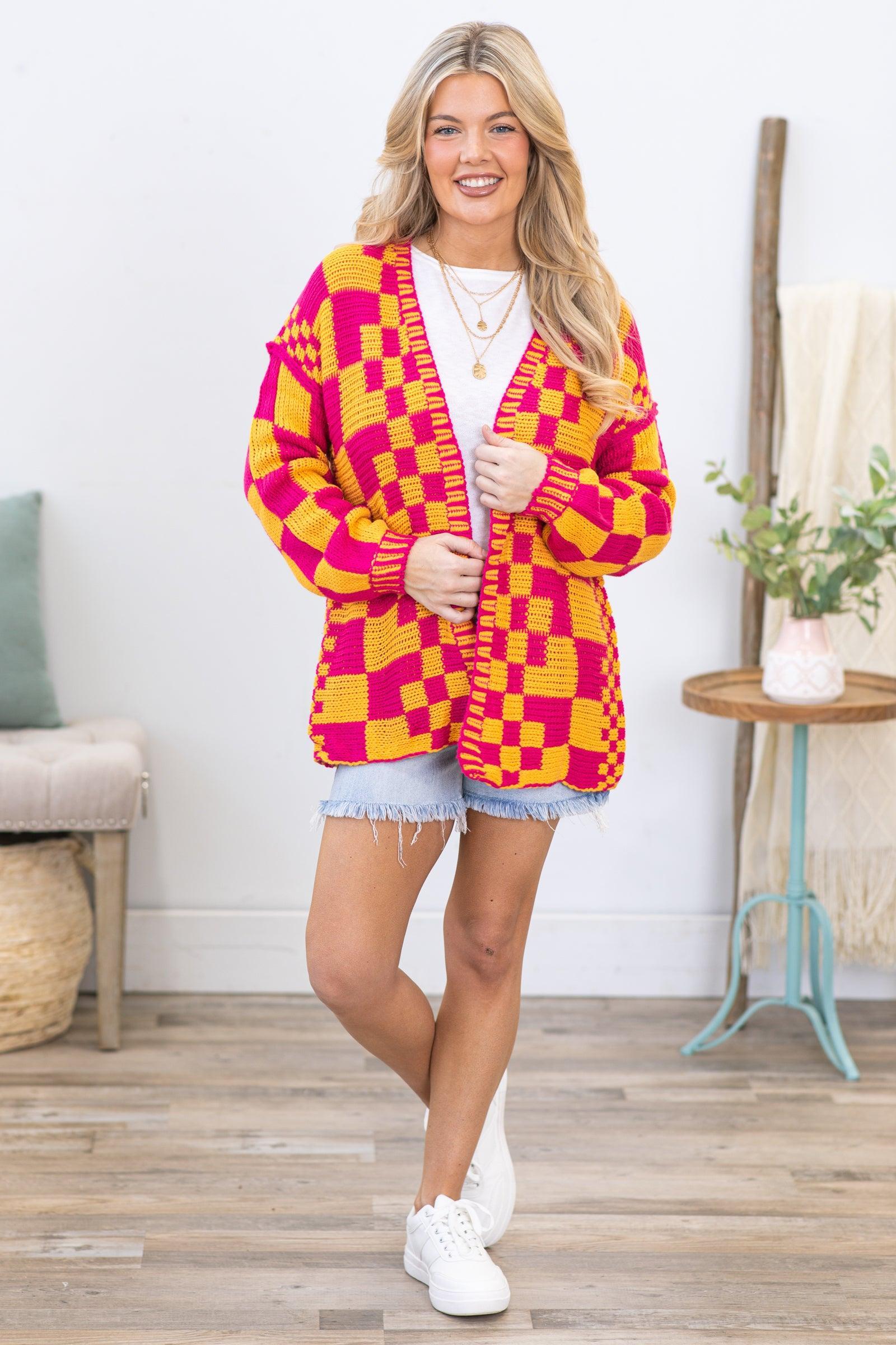 Pink and Orange Checkerboard Knitted Cardigan Product Image