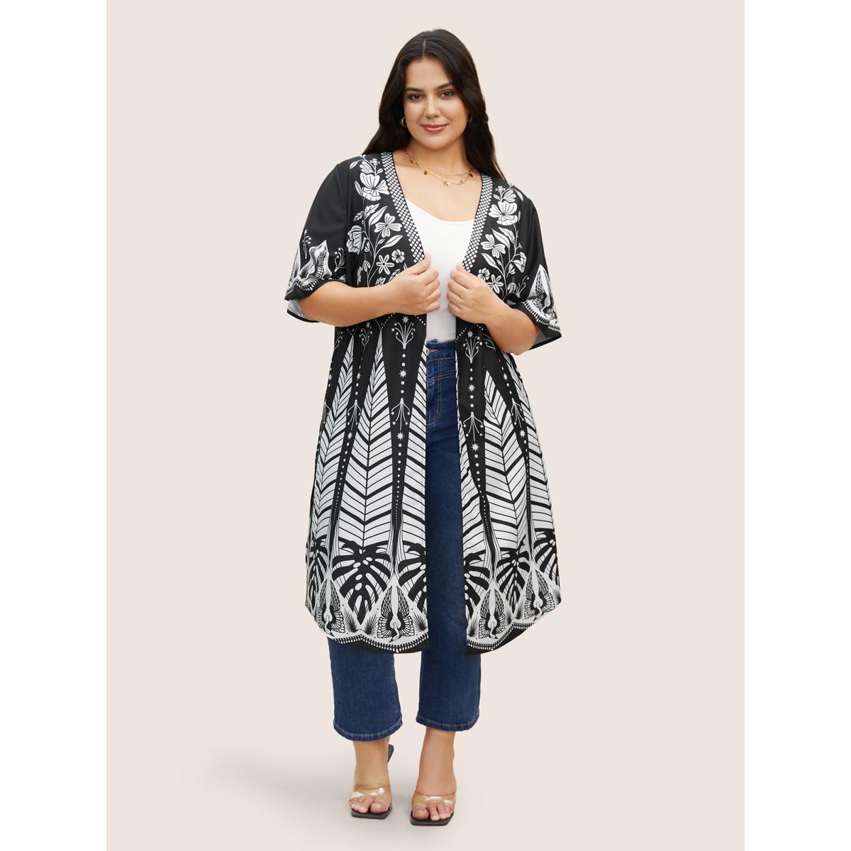 Plus Size Boho Print Button Up Split Hem Kimono Women BlackFlower Resort Button Vacation Kimonos BloomChic 12/L Product Image